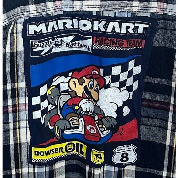 Mario Kart Racing Team Plaid Flannel Shirt XXL Oversized Upcycle Unique Gamer - Picture 2 of 6